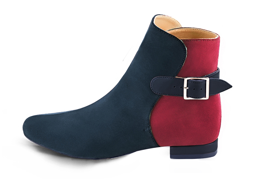 Navy blue and cardinal red women's ankle boots with buckles at the back. Round toe. Flat block heels. Profile view - Florence KOOIJMAN